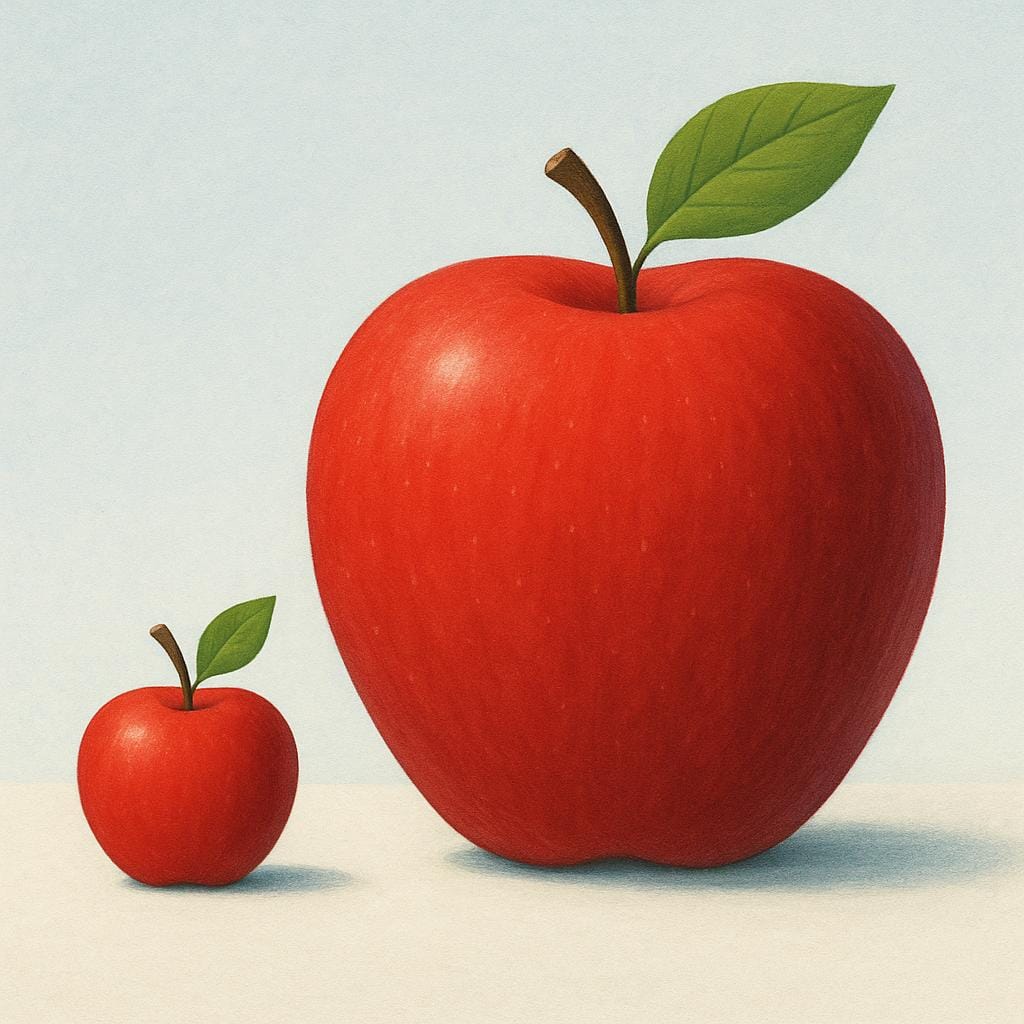 A small, normal-sized red apple sitting on the ground next to an impossibly large, gigantic red apple that dominates the background, illustrating extreme intensity.
