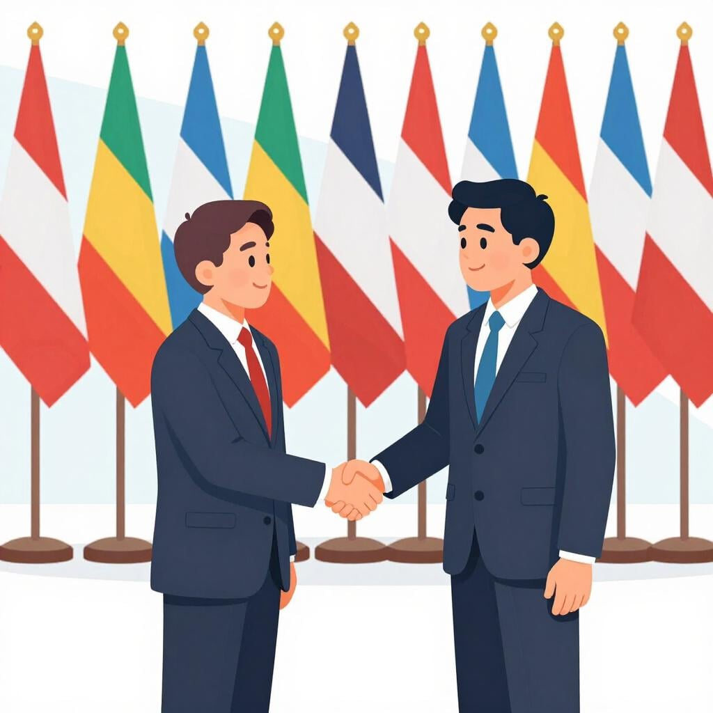 Duas pessoas em ternos formais apertando as mãos em frente a uma variedade de bandeiras coloridas.