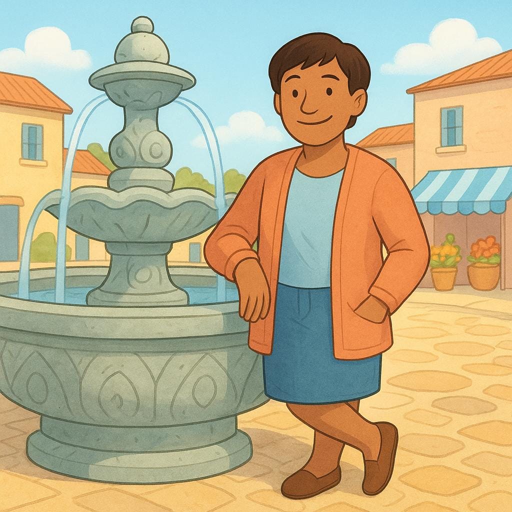 Uma ilustração de uma pessoa relaxada e sorridente encostada em uma fonte de pedra única em uma praça ensolarada, sugerindo familiaridade com o lugar.