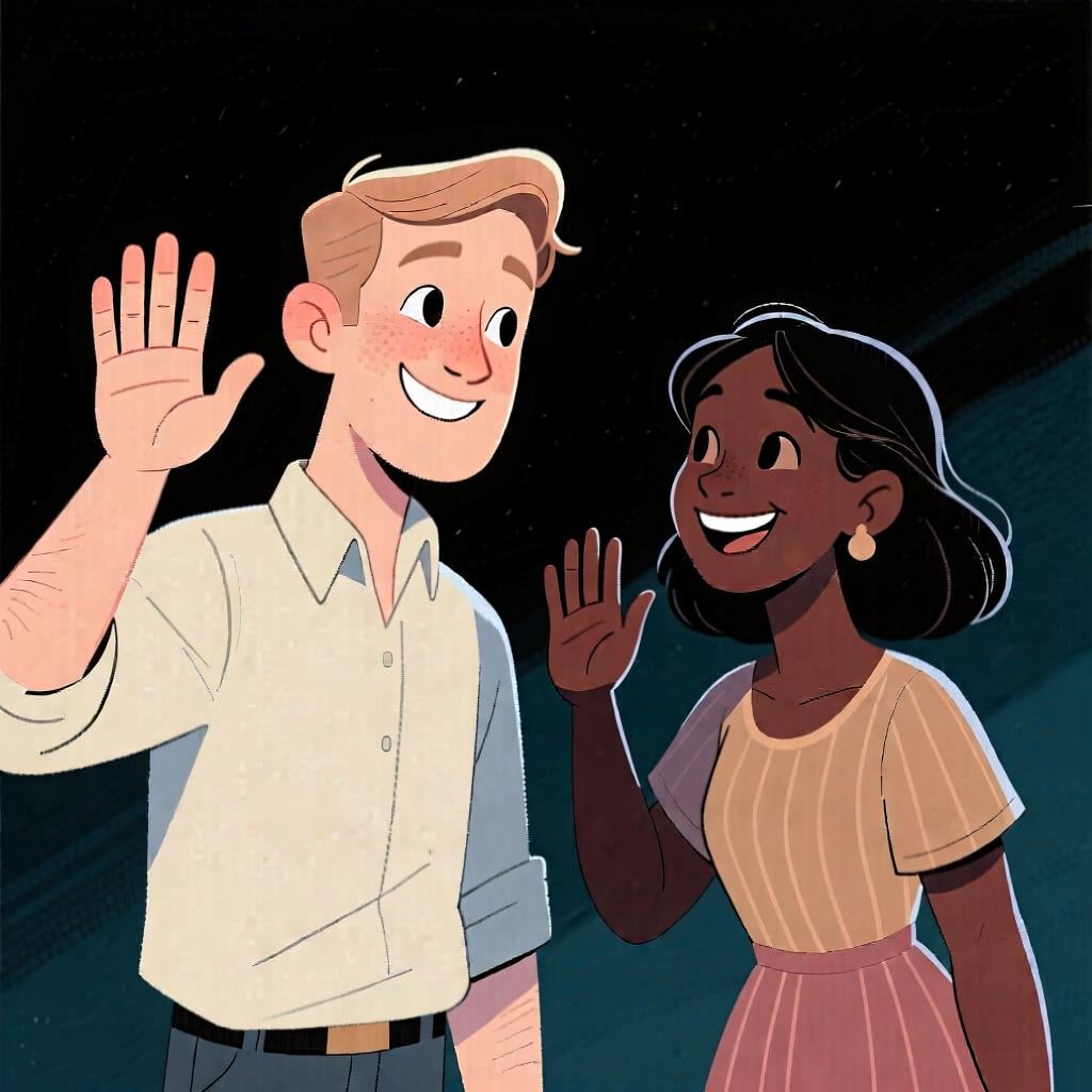 Two diverse friends smiling and waving at each other as a friendly greeting.