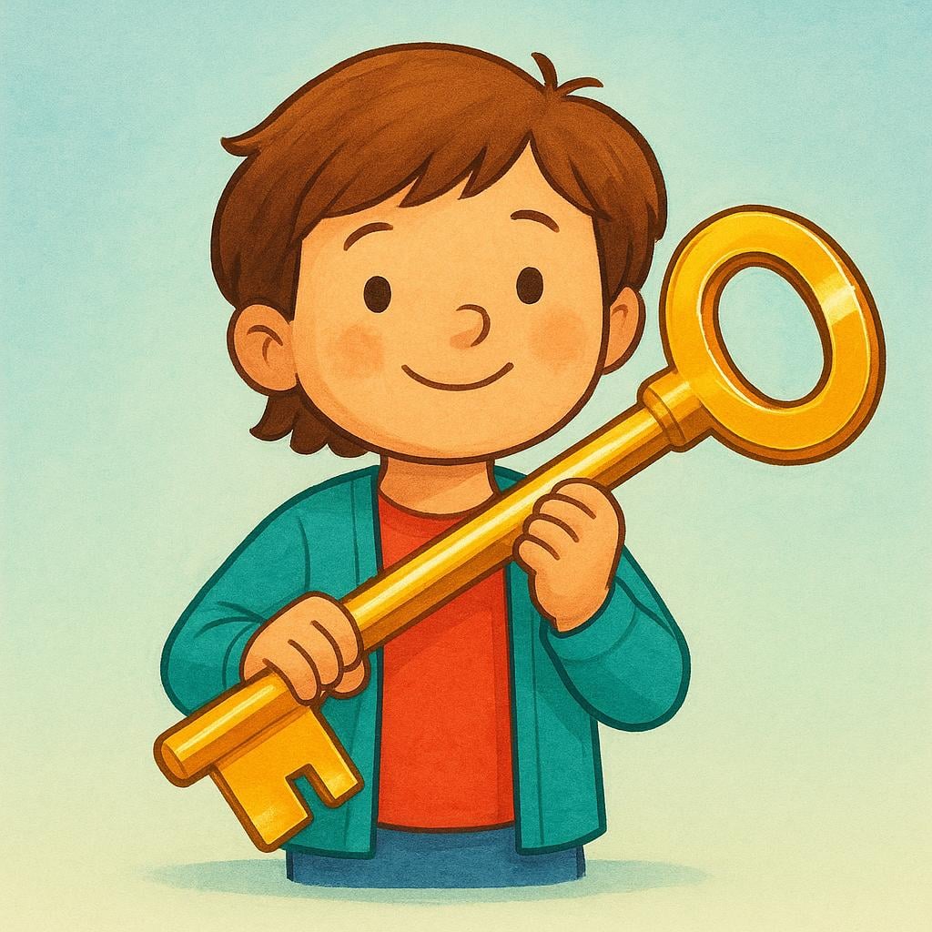 A colorful illustration of a child holding a large, shiny, previously hidden golden key firmly in their hand, symbolizing the concept of past possession.