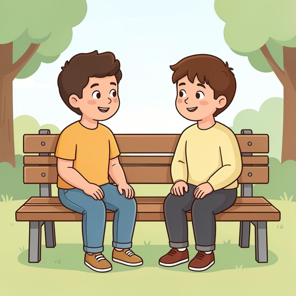 Two people sitting on a park bench having a calm conversation to resolve a situation.