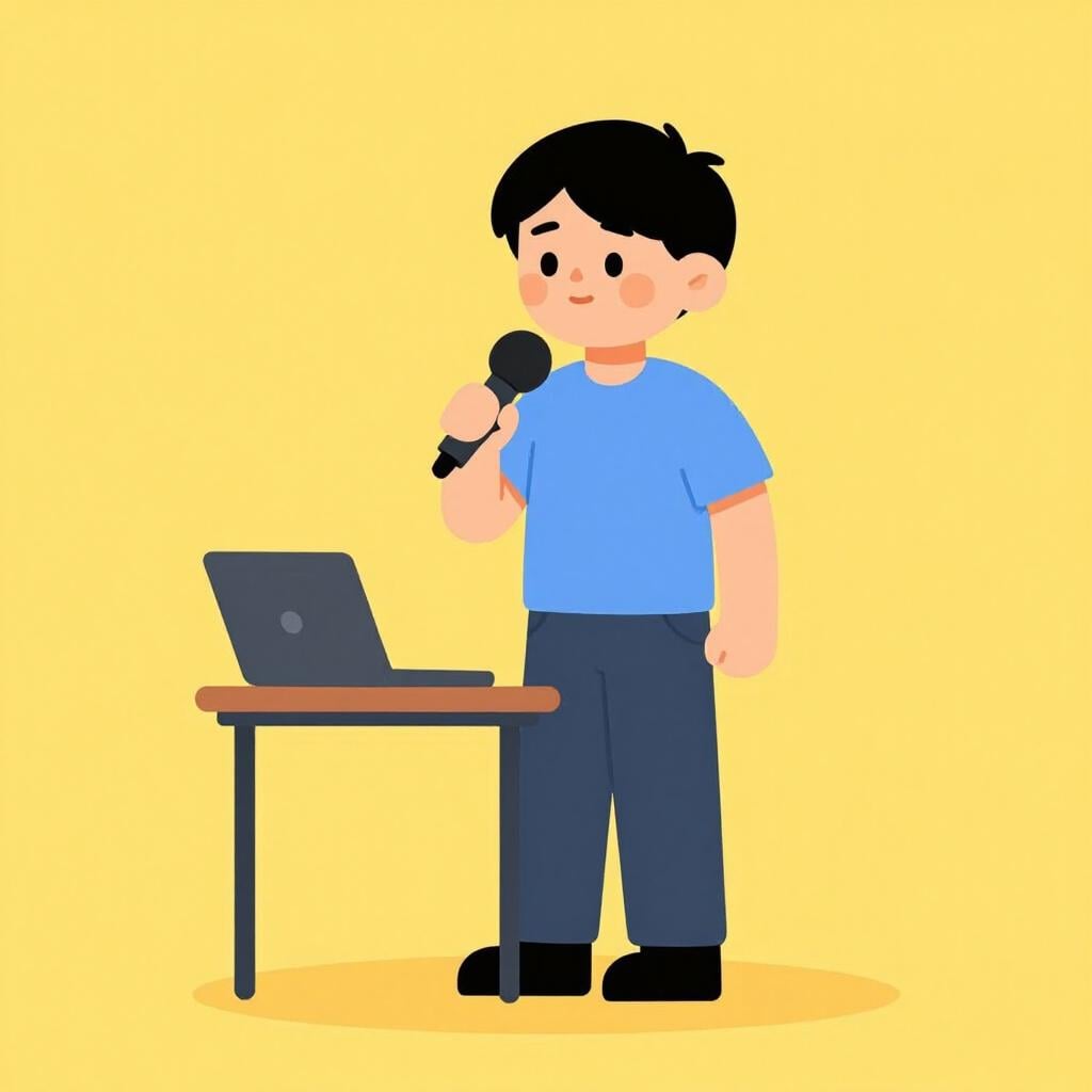 A person speaking into a microphone with a colorful backdrop, sharing news.