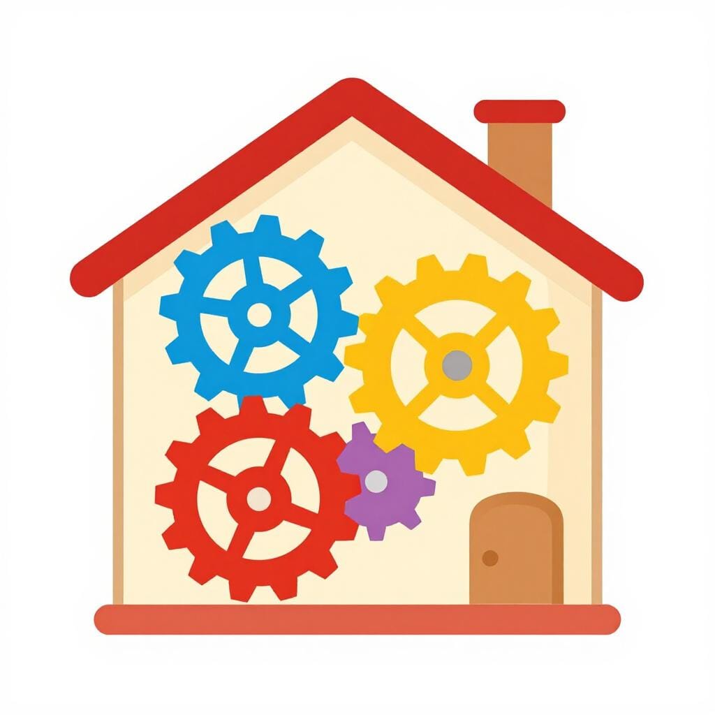 Ein kleines, farbenfrohes Fabrikgebäude mit glatten Zahnrädern an der Seite, die sich drehen, um zu zeigen, dass es in Betrieb ist.