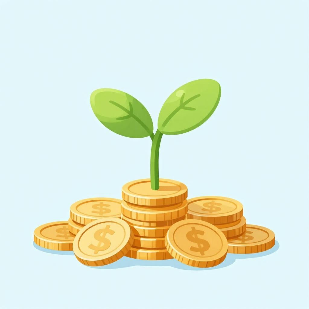 A small green plant growing out of a pile of gold coins.