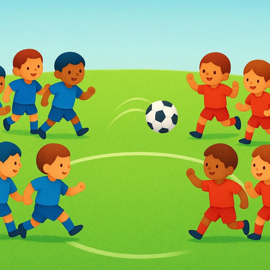 Two teams of small figures competing for a soccer ball on a bright green sports field.