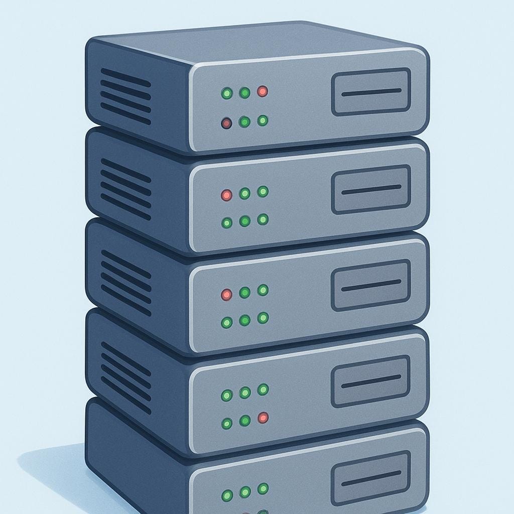 A tall, metal rack filled with stacked computer hardware units, with small indicator lights blinking, symbolizing a data server.