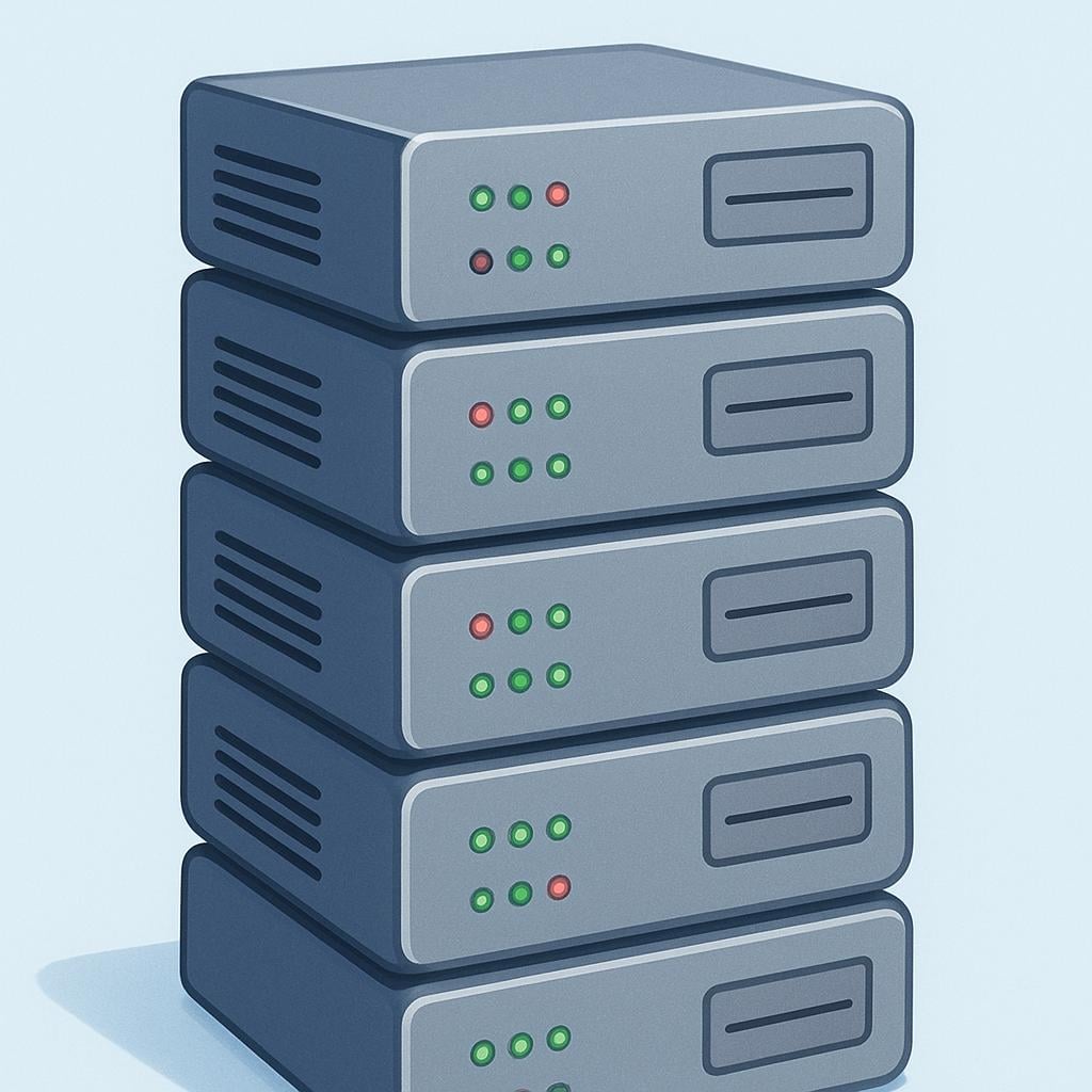 A tall, metal rack filled with stacked computer hardware units, with small indicator lights blinking, symbolizing a data server.