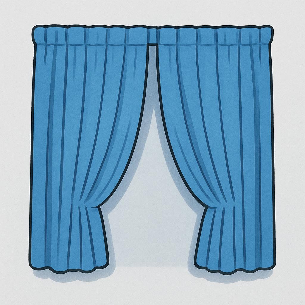 Una semplice illustrazione che mostra tende di tessuto blu chiuse su un telaio di finestra.