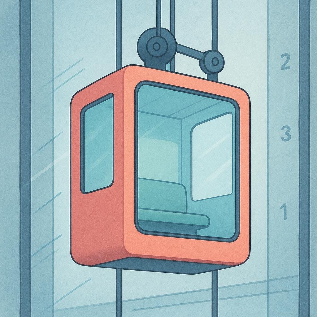 A simple, colorful illustration showing an empty elevator car ascending inside a building shaft.
