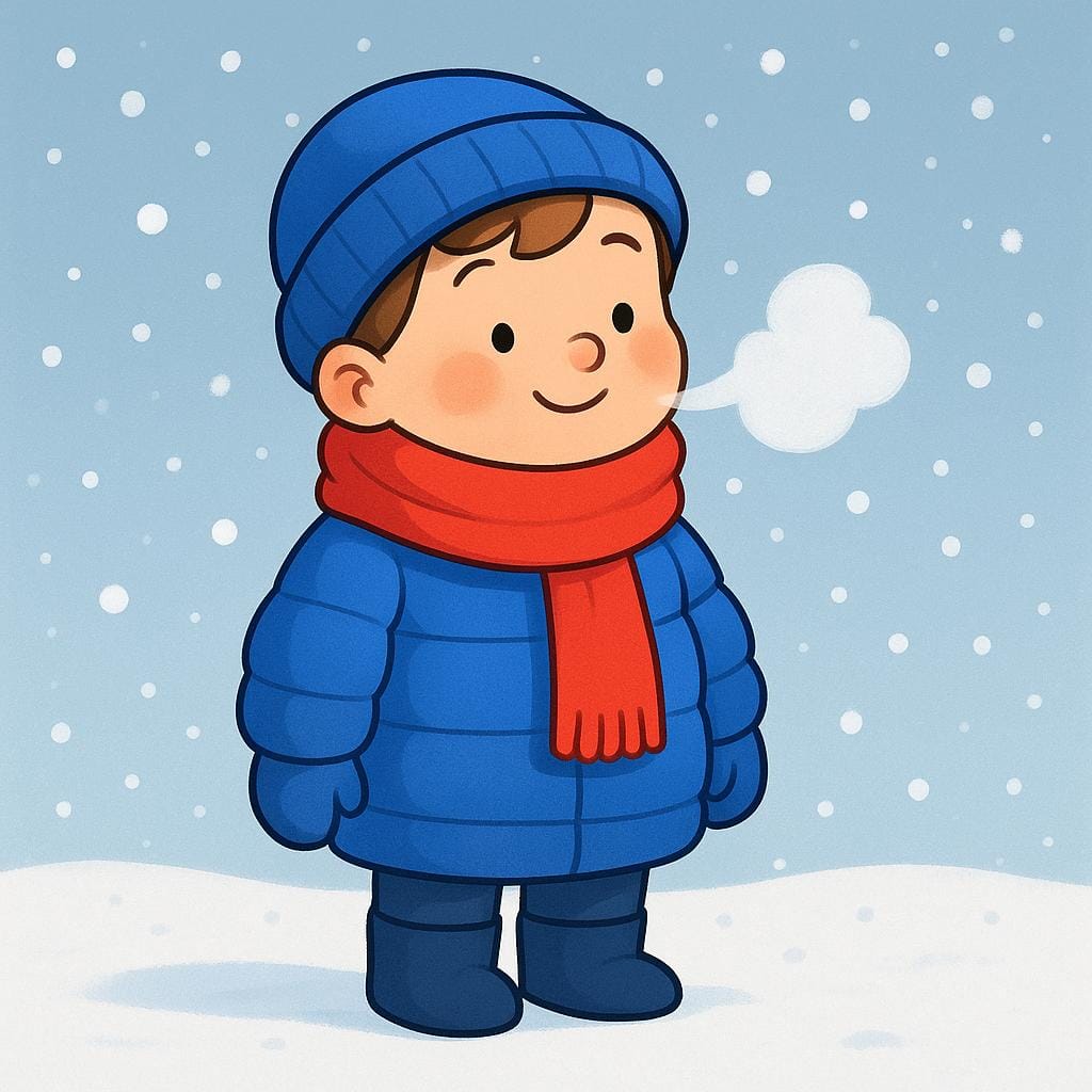 Un jeune enfant emmitouflé dans un épais manteau d'hiver bleu, une écharpe et un bonnet, debout sous une légère chute de neige, représentant la sensation de froid.