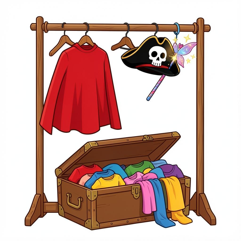 A collection of colorful costumes hanging on a rack, including a superhero cape, a pirate hat, and a fairy wand.