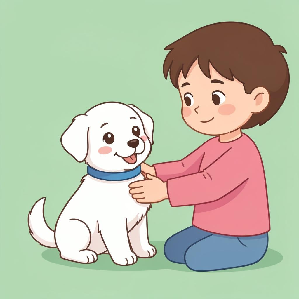 A child putting a blue collar on a small white puppy to give it an identity.