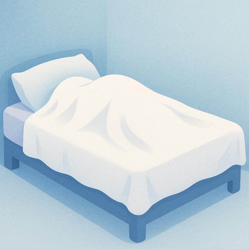 Une illustration simple d'une figure féminine se reposant paisiblement sous un drap blanc propre dans une pièce calme et stylisée.