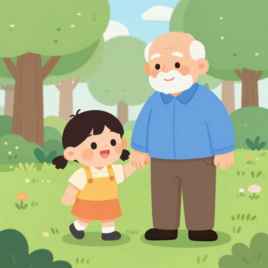 A small child standing next to an elderly man, showing a family connection.