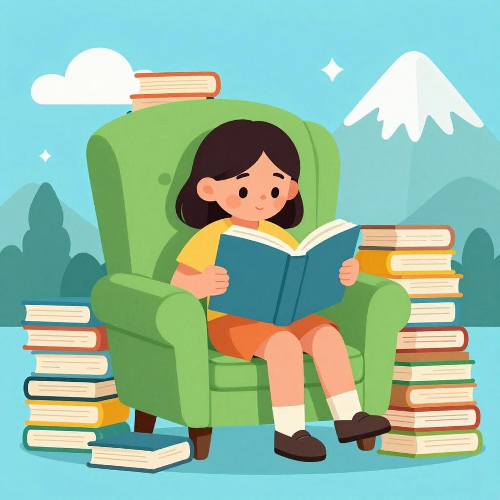 A girl sitting in a cozy armchair, surrounded by a tall stack of open books, reading one with great focus.
