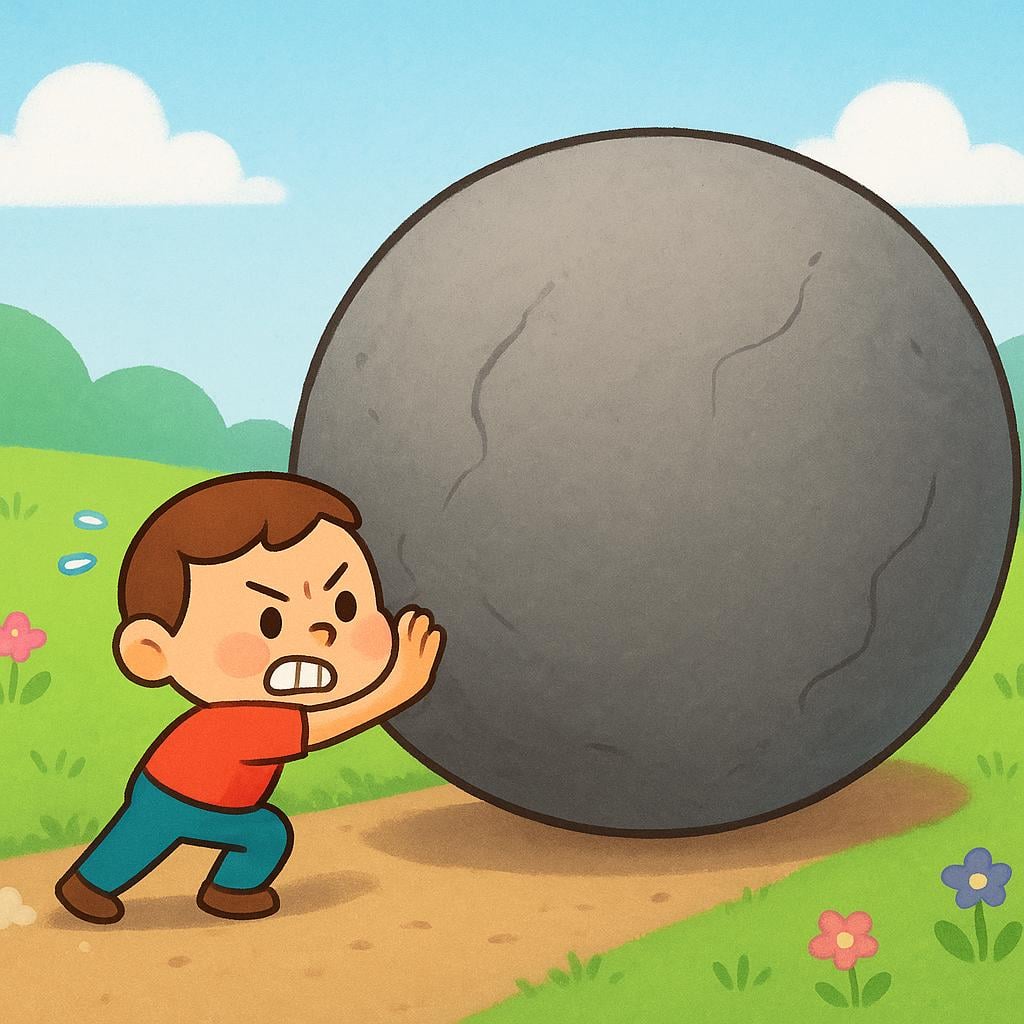 A small, simple cartoon character wearing overalls strains intensely while trying to push a giant, heavy, gray boulder that is blocking their path.