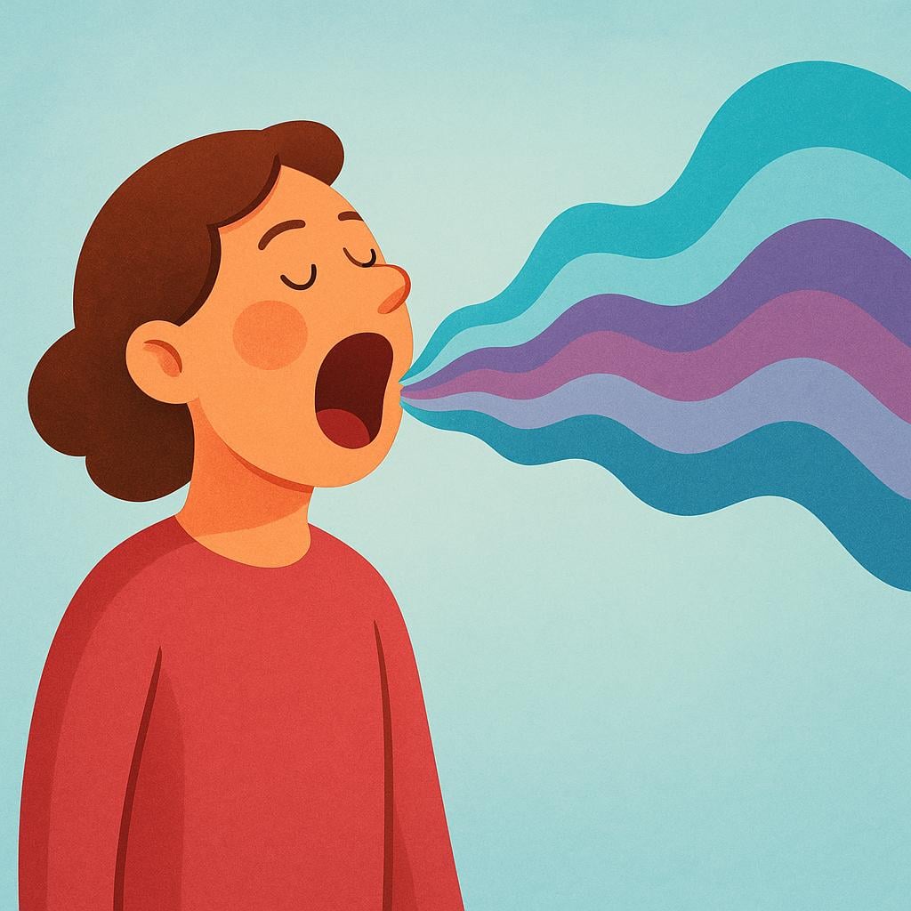 A person standing with an open mouth, clearly shouting or announcing something, with stylized sound waves visibly leaving their mouth.