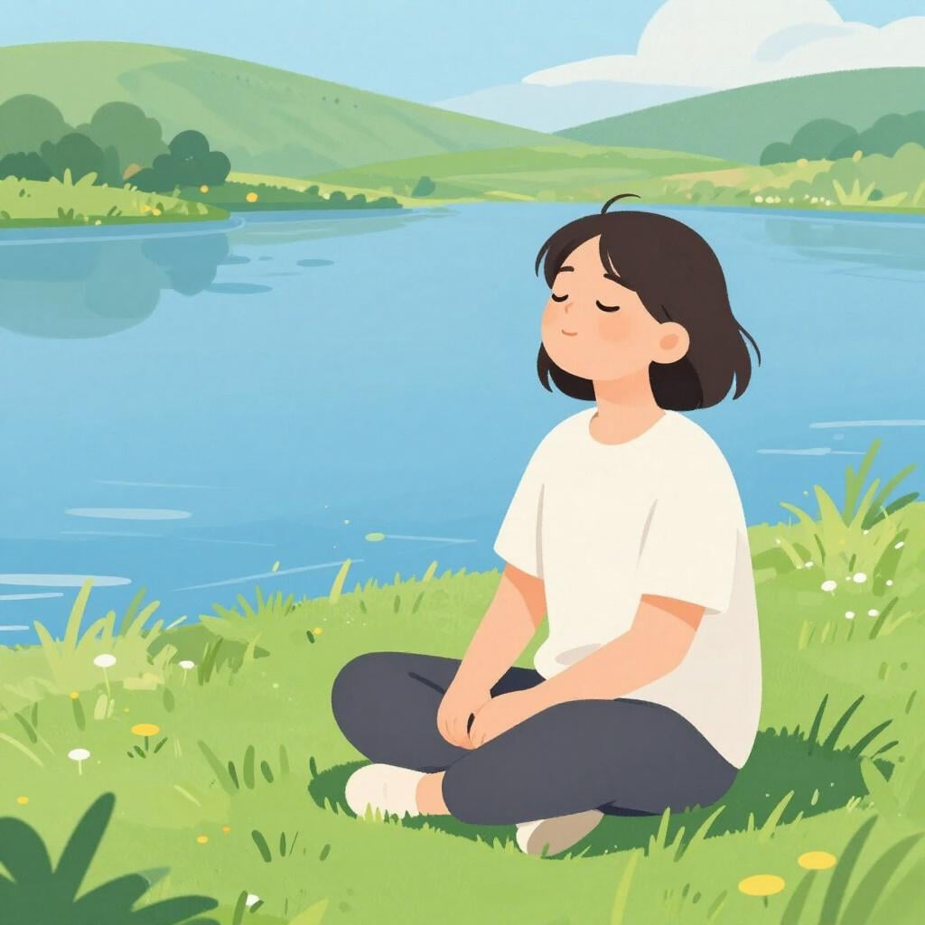 A person sitting peacefully by a quiet lake with a slight smile.