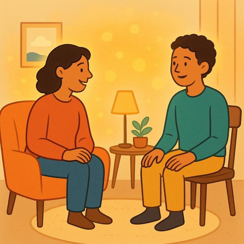 A storybook drawing showing two people smiling and talking, surrounded by soft, warm, glowing yellow light that illustrates a friendly and pleasant atmosphere.