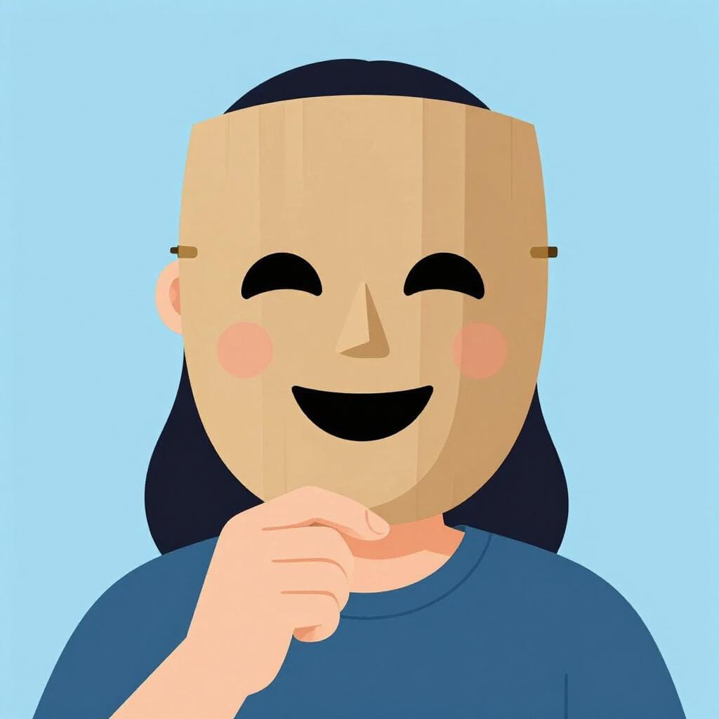 Una persona che indossa una semplice maschera di cartone con una faccia sorridente sopra la propria espressione neutra.