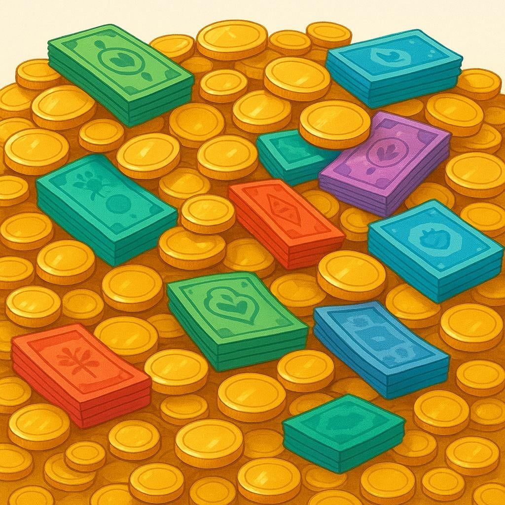 A massive, overflowing pile of shiny gold coins and stacks of colorful paper currency, symbolizing immense wealth.