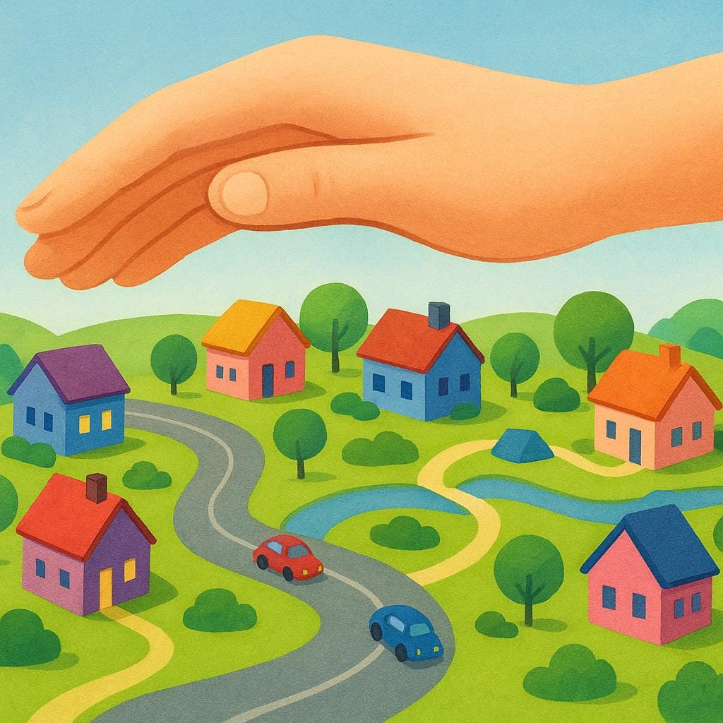 A colorful storybook illustration featuring a giant, guiding hand hovering over a miniature landscape of houses and roads, symbolizing management and control.