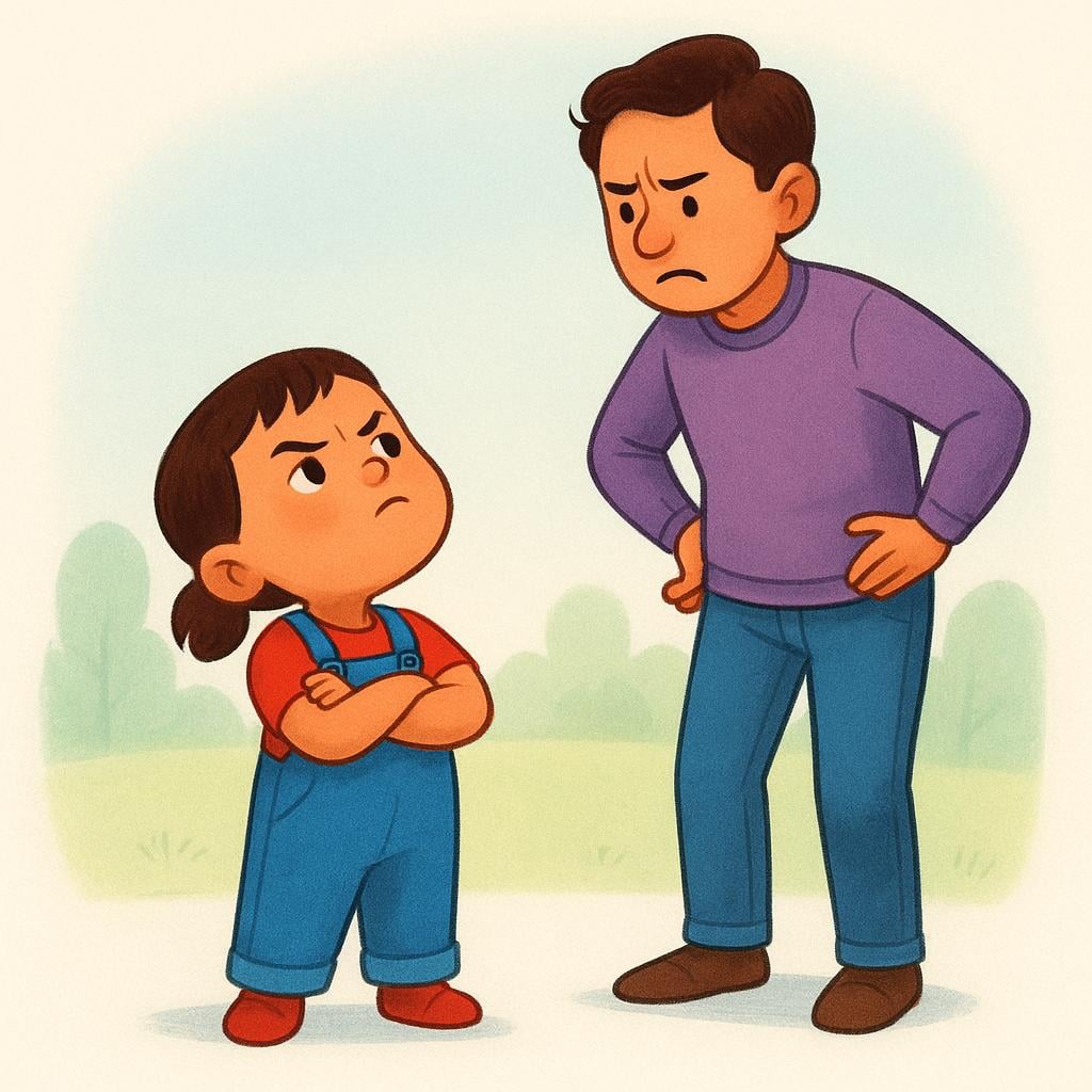 A small child standing stubbornly with crossed arms, looking defiantly up at a much taller, frustrated adult.