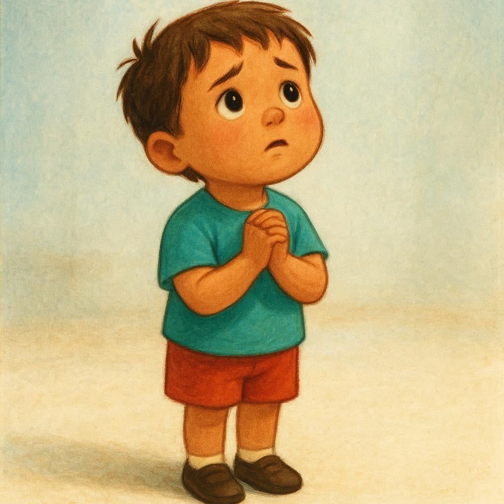 A small child standing with hands pressed together in a pleading gesture, looking up with a serious, earnest expression.