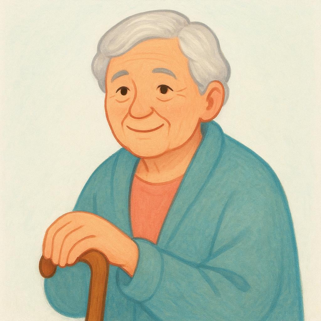 A close-up illustration of a kind, elderly person with a serene expression, holding a sturdy wooden walking stick. They look wise and calm.