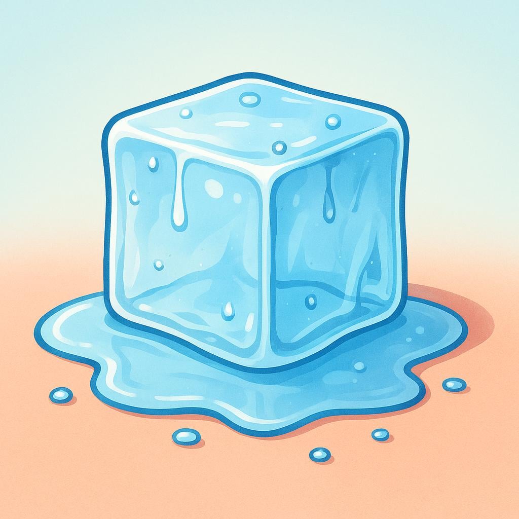 A clear ice cube sitting on a surface, visibly dripping and forming a puddle of water as it melts.