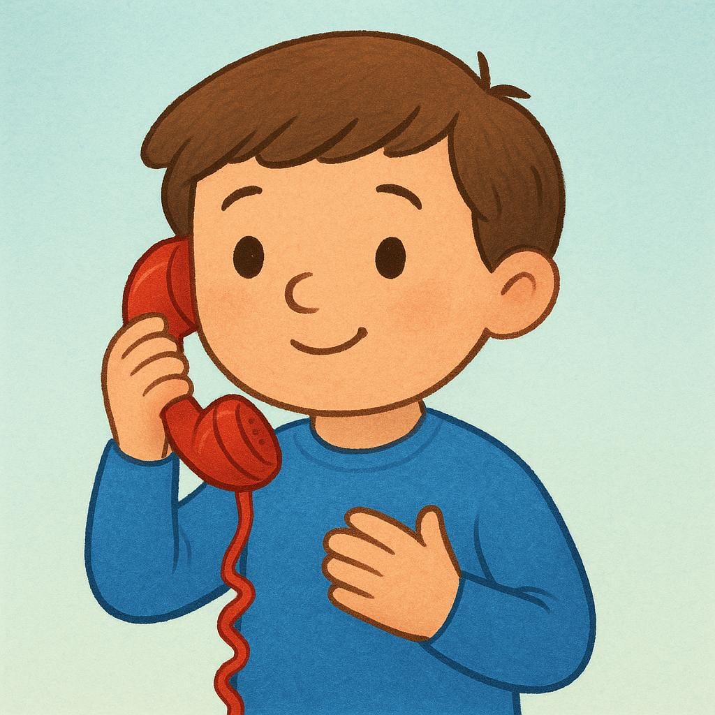 親切そうなキャラクターが赤い電話の受話器を耳に当てており、電話に出ている様子を示している。