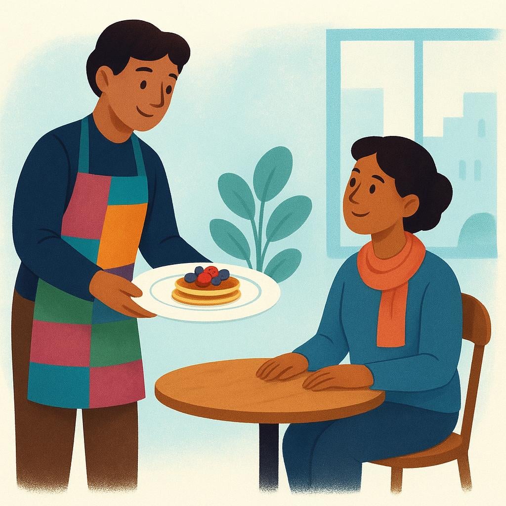 A friendly waiter in an apron handing a plate of food to a smiling customer seated at a small restaurant table.