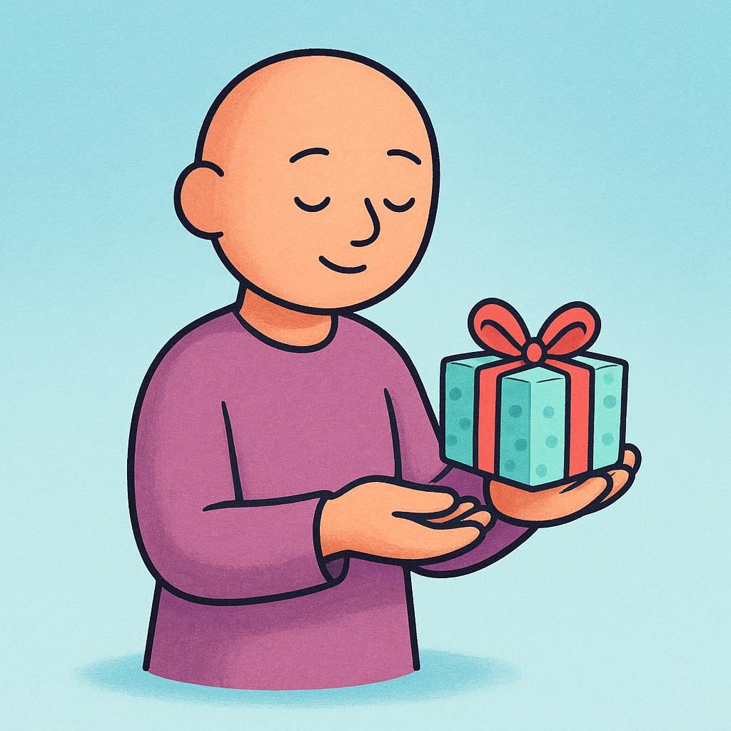 A figure giving a wrapped present to their own hand, illustrating the reflexive action of giving to oneself.