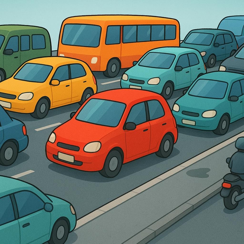 A bright red car completely stuck and surrounded by a long line of stationary vehicles on a road, illustrating heavy traffic.