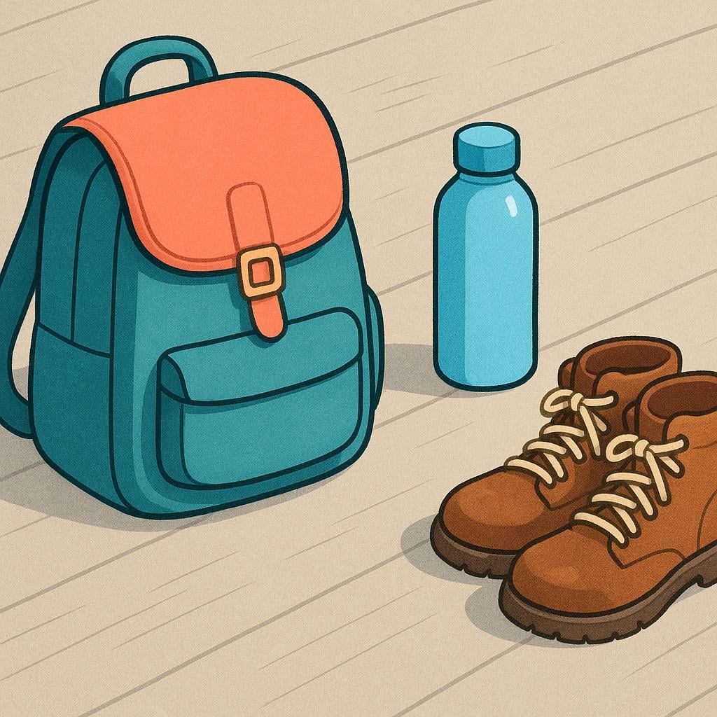 A backpack, a water bottle, and a pair of hiking boots laid out neatly on a wooden floor.