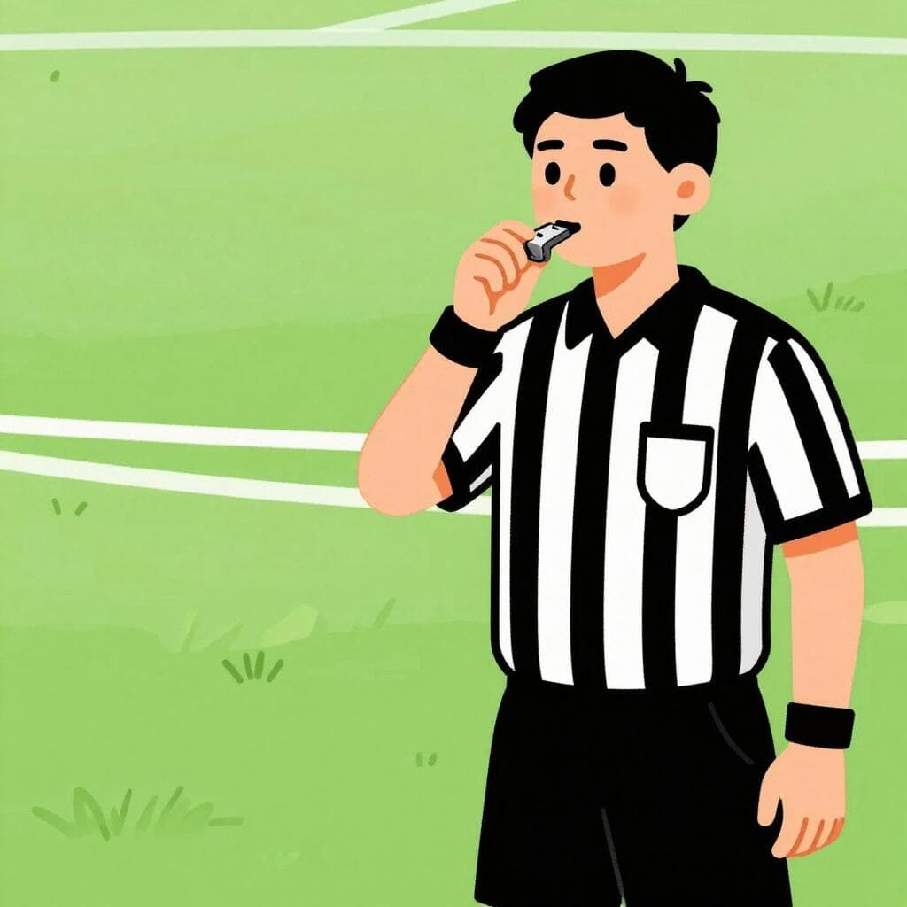 Une personne portant un maillot rayé noir et blanc siffle sur un terrain de football.