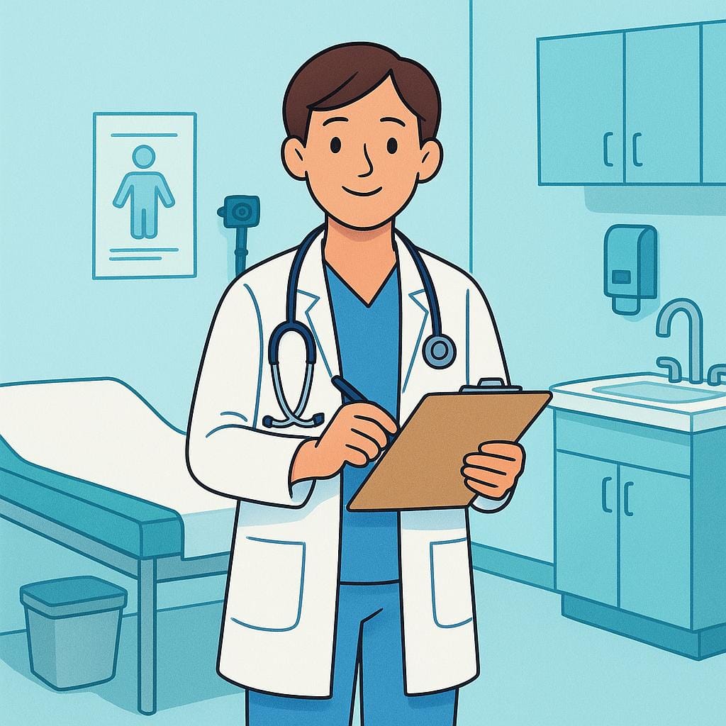 Un médecin portant des blouses bleu clair et une blouse de laboratoire blanche, tenant un presse-papiers et un stylo, se tient dans une salle d'examen médical propre et bien éclairée.