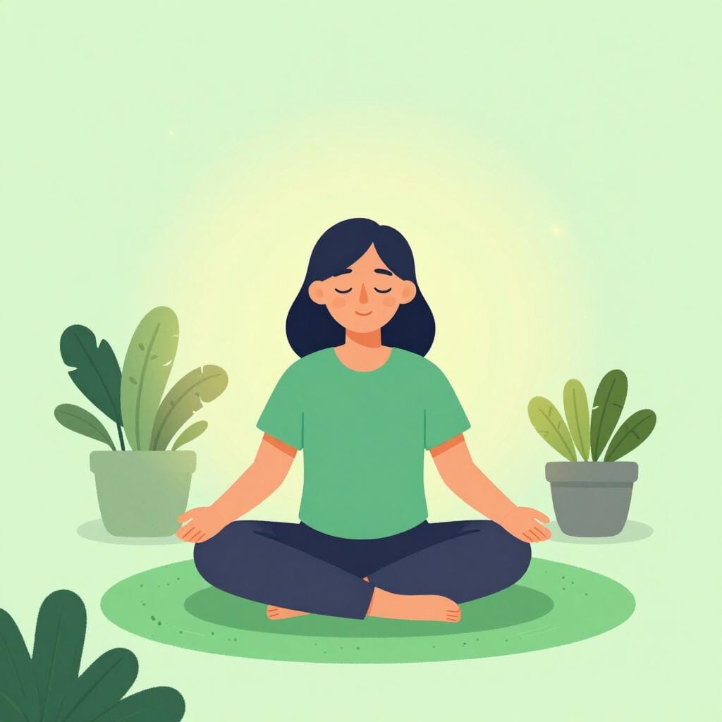 Uma pessoa serena sentada em posição de lótus sobre uma almofada macia, com os olhos fechados e uma expressão calma.