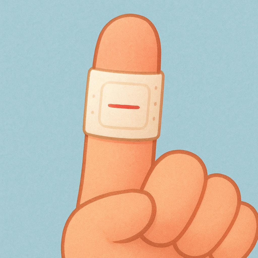 A close-up illustration of a hand showing a small, clean red cut on a finger, suggesting a physical wound.