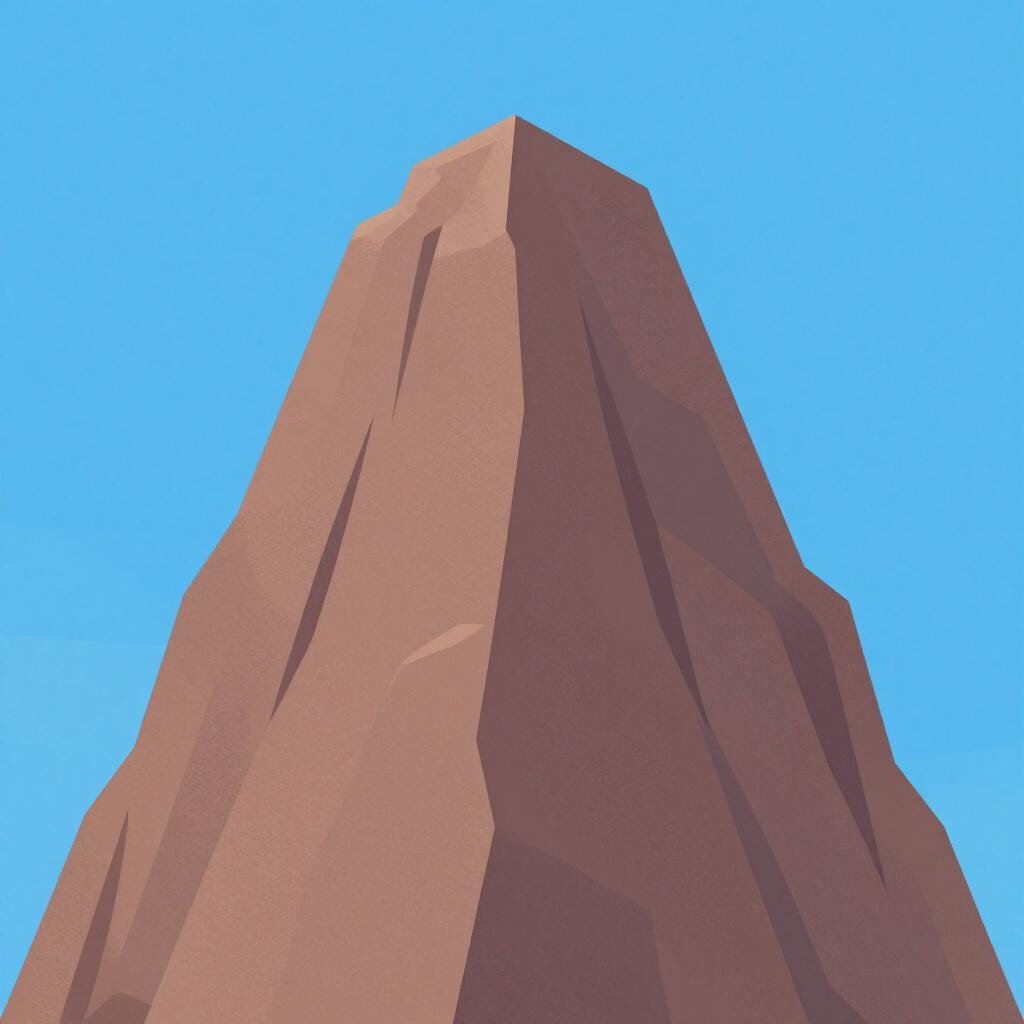 Um pico de montanha maciço e imponente que domina completamente a paisagem sob um céu limpo.