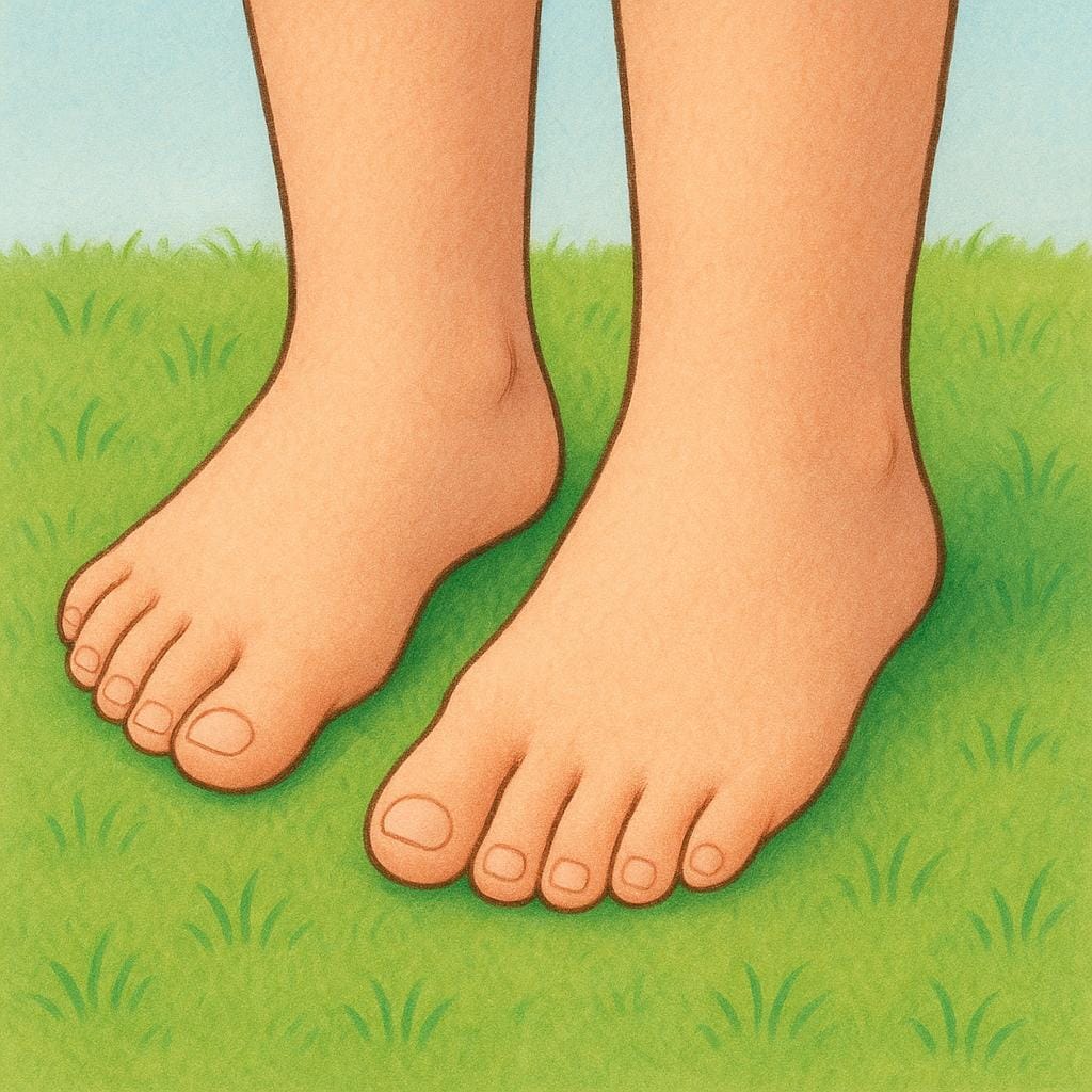A pair of bare human feet standing firmly on green grass.