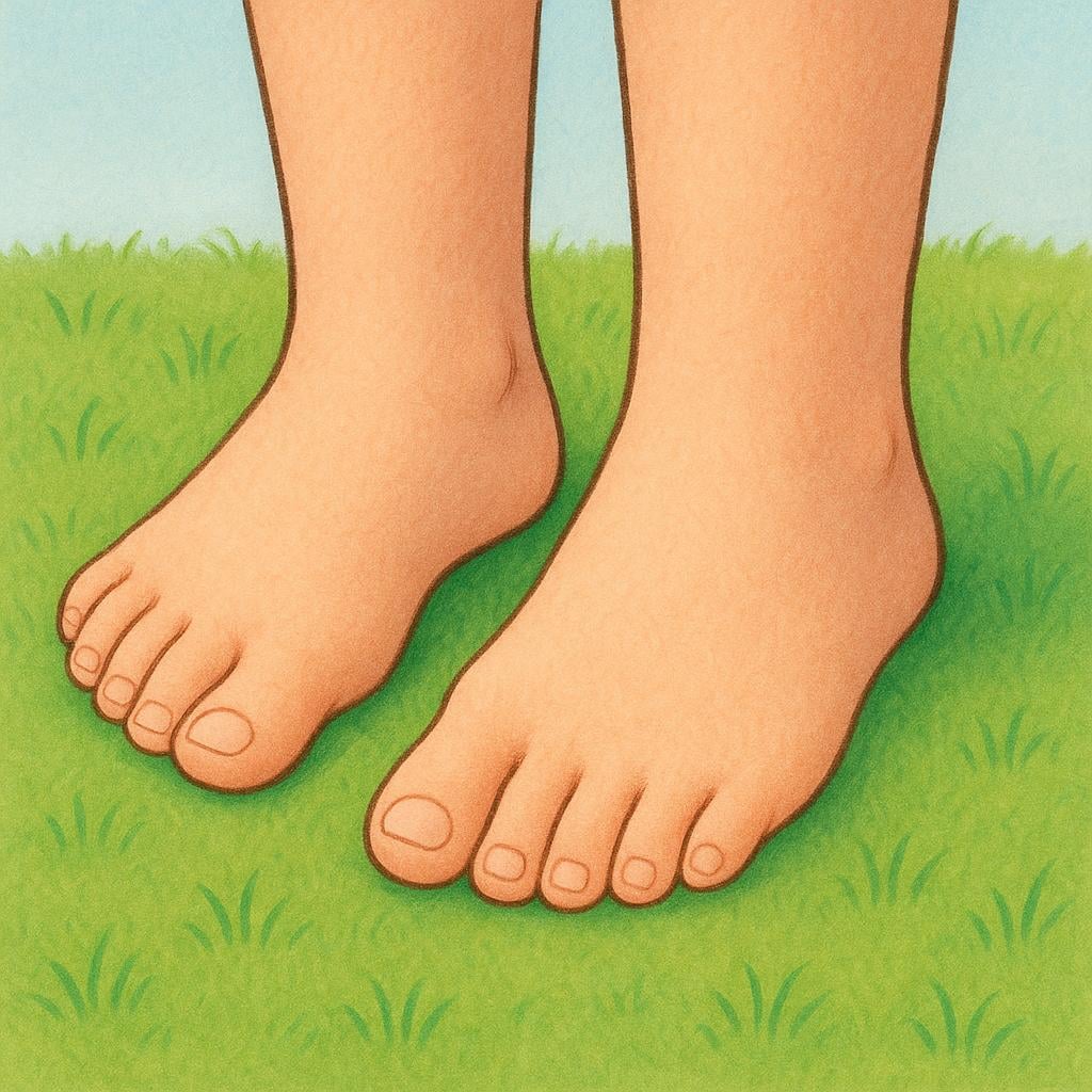 A pair of bare human feet standing firmly on green grass.