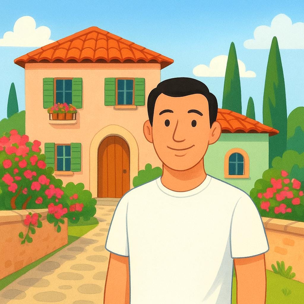 A simple illustration of a friendly man with dark hair, wearing a white shirt, standing and smiling in front of a colorful, stylized Italian villa.
