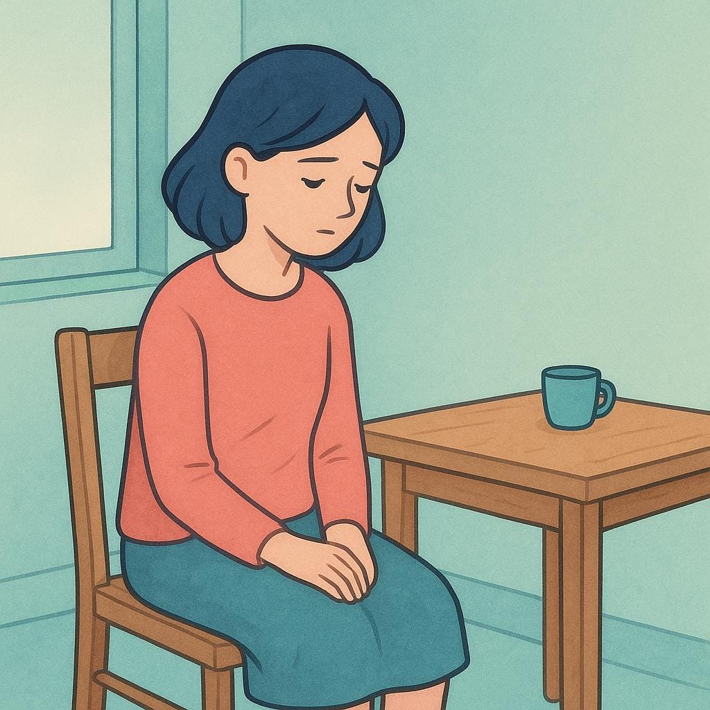 Eine junge Frau sitzt allein an einem kleinen Tisch in einem ruhigen Raum und blickt auf ihre Hände, was auf eine zurückhaltende oder verschlossene Persönlichkeit hindeutet.