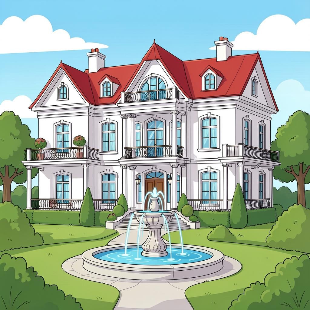 A massive, luxurious mansion with many windows and a large fountain in the front yard.