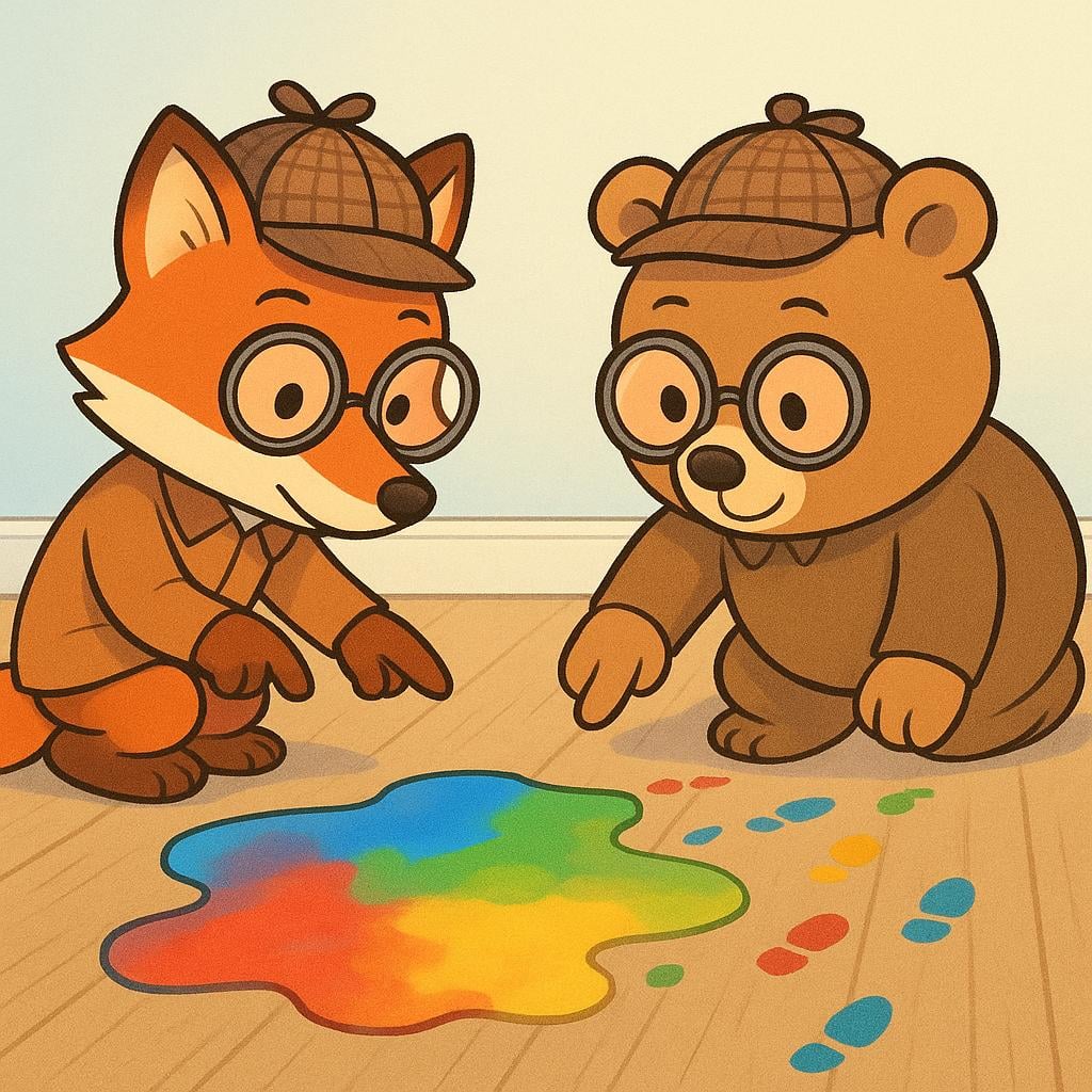 A storybook illustration of a fox and a bear, acting as investigators and wearing magnifying glasses, examining footprints near a puddle of spilled paint, representing a conclusion about a past event.