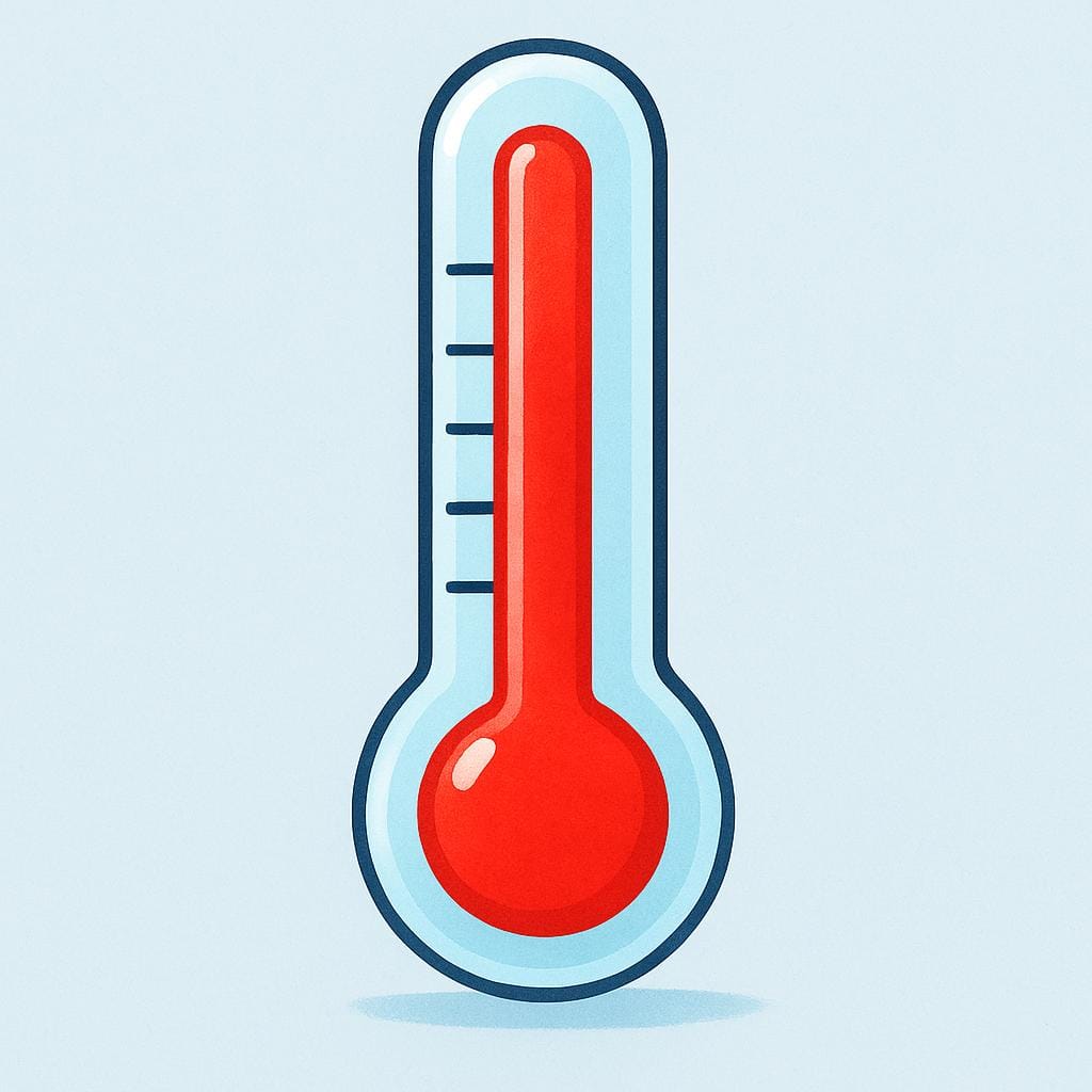 A tall, simple thermometer showing the measurement level rising high into the red area, indicating heat or a high temperature.