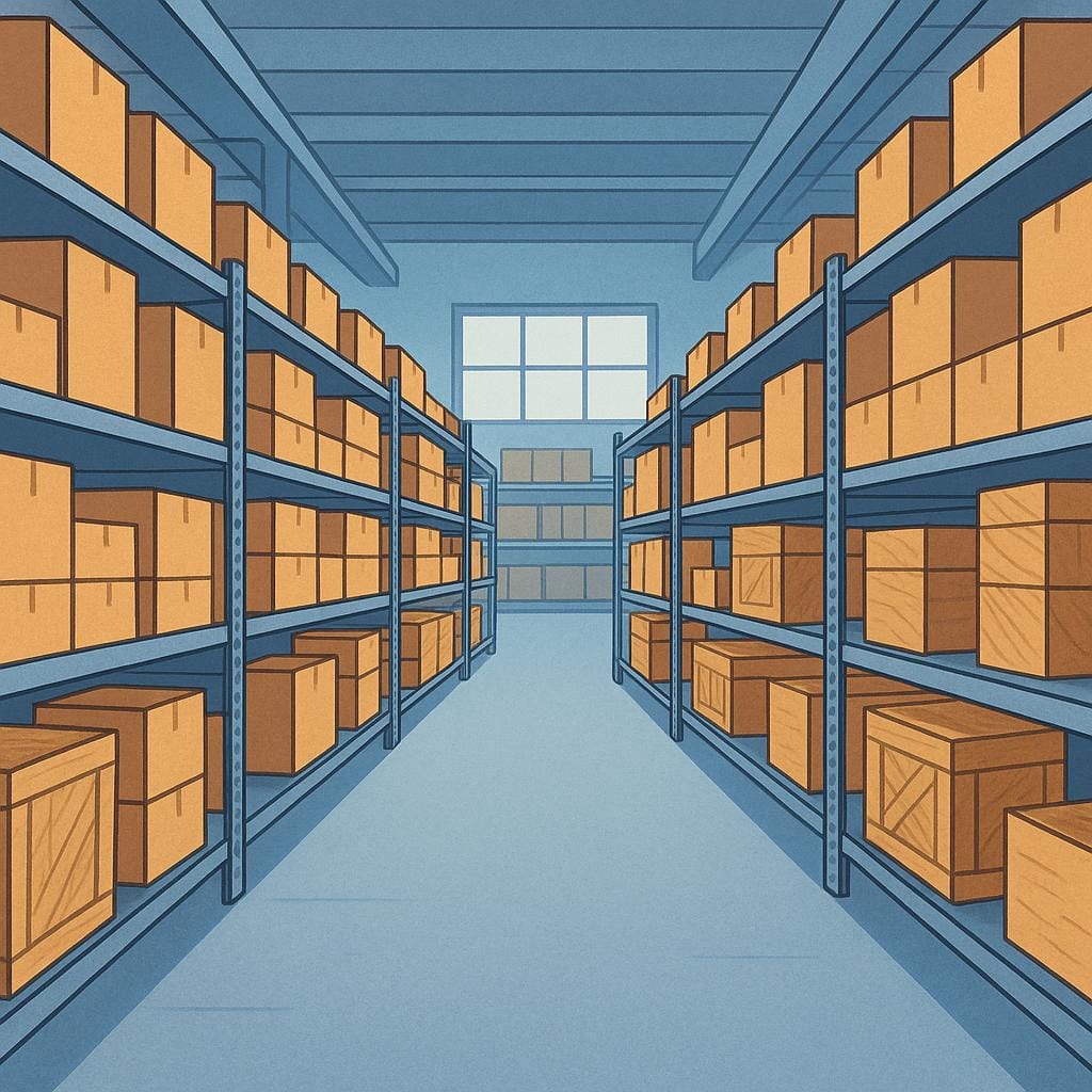 The vast interior of a functional warehouse, showing tall metal shelves stacked high with uniform brown cardboard boxes and wooden pallets.