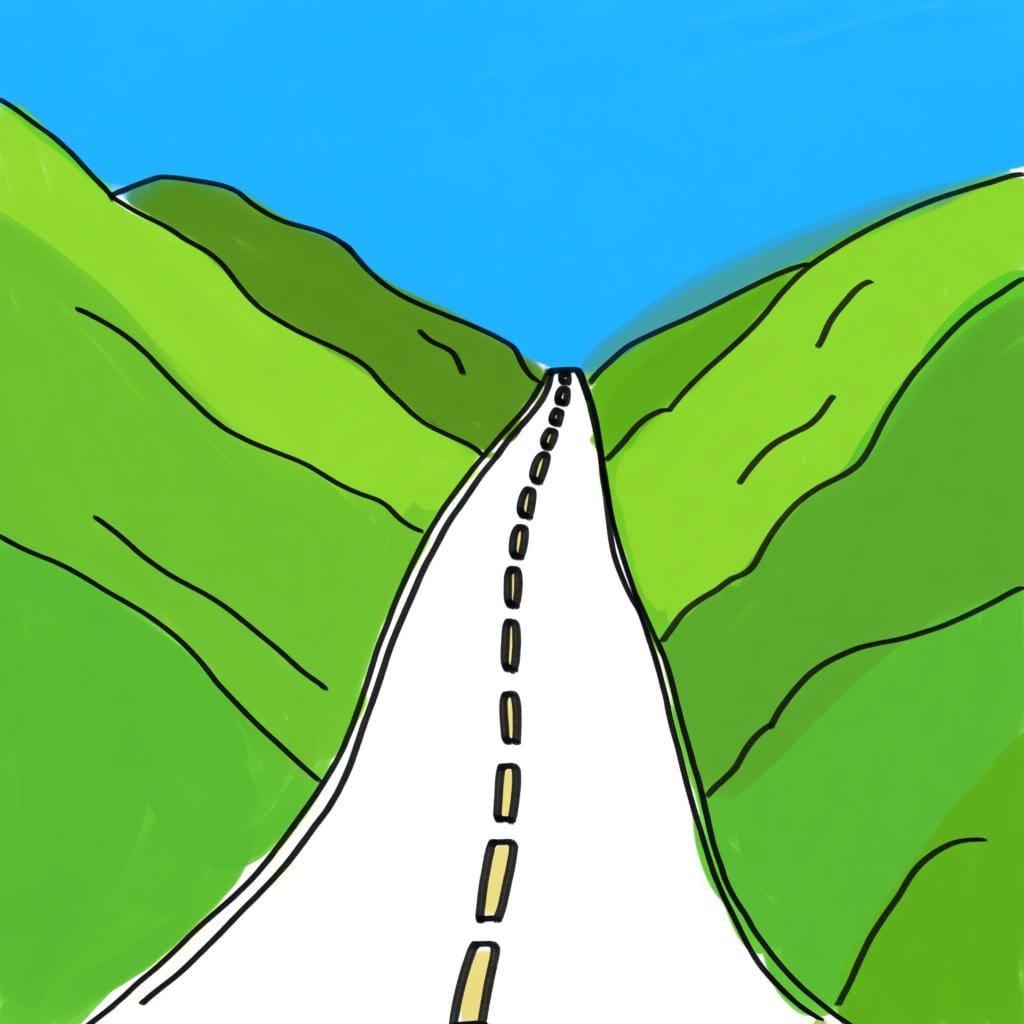 A narrow, winding road cutting between two tall, rocky hills, symbolizing a passage or mountain pass.